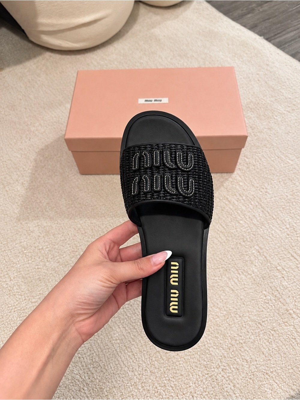 Miu Miu Black Raffia Woven Logo Slide Sandals EU 38.5 - Picture 2 of 4